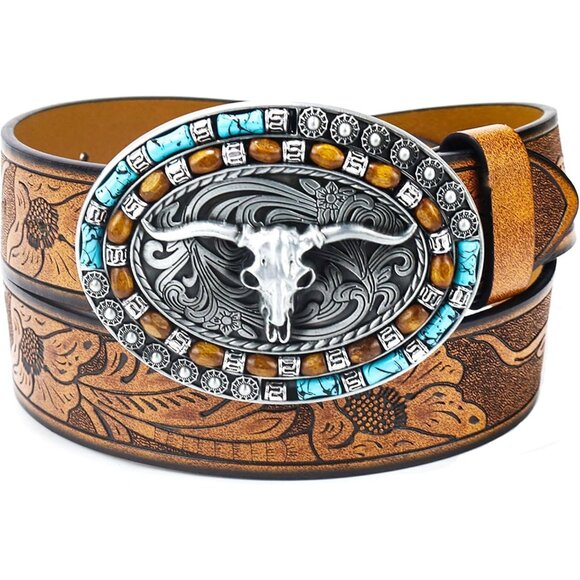 Women's Western Cowboy Belt PU Leather Longhorn Bull Turquoise Embossed Buckle - Picture 1 of 8